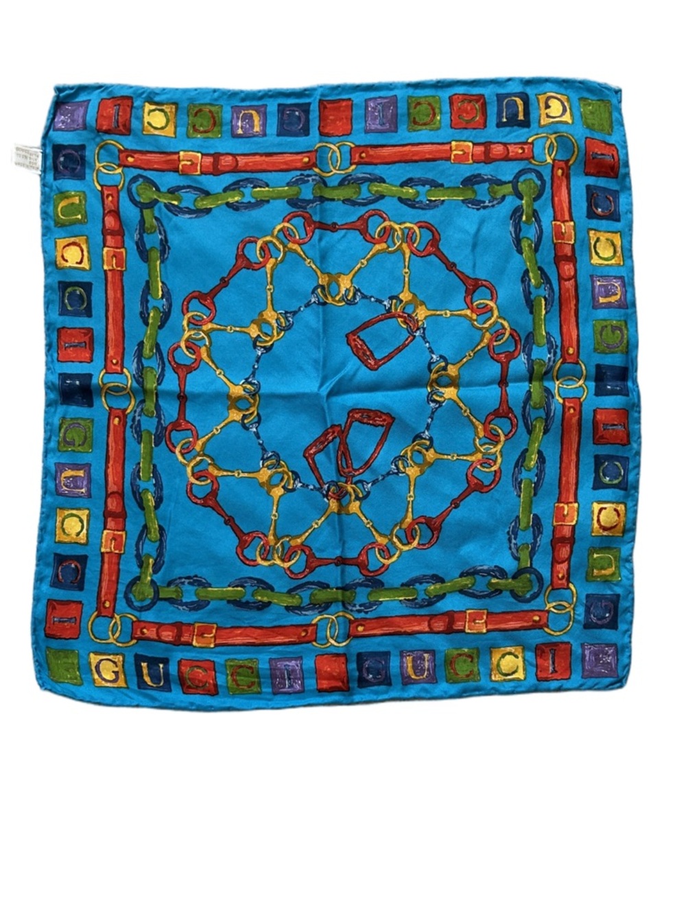 Gucci Equestrian Themed Multi Color Horse-bit and Chain Silk Square Small Scarf